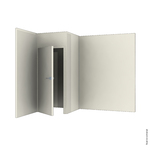 Corner storage cabinet on solid-color textile covered partition