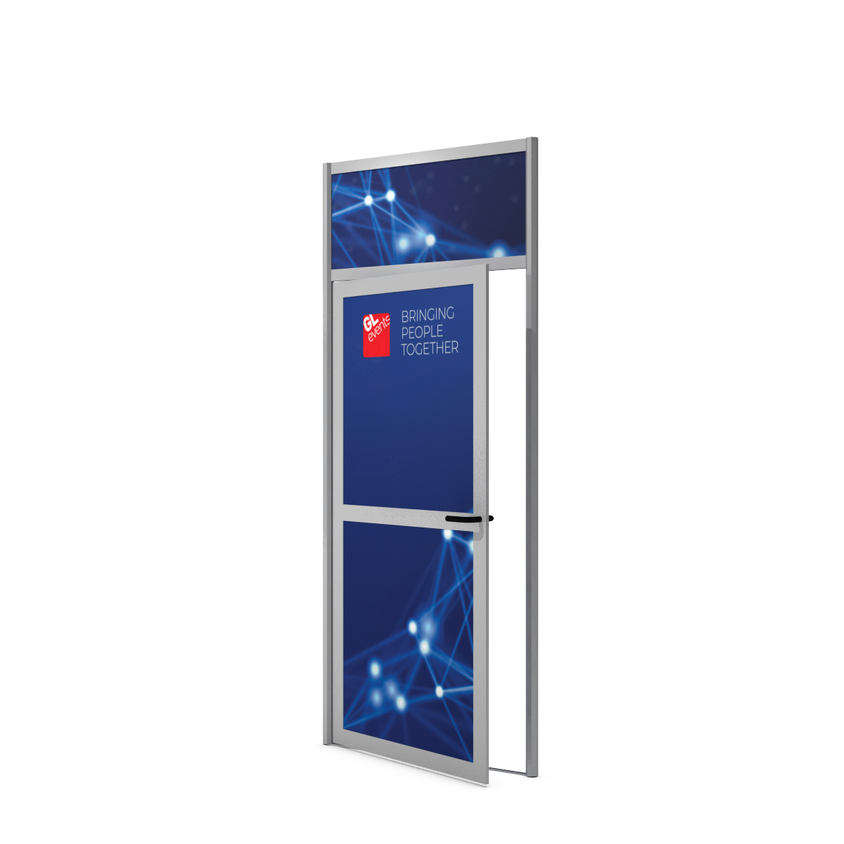 Single aluminum frame door with personalized signage infill