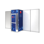 Aluminum frame storage cabinet on the back partition with personalized signage infill